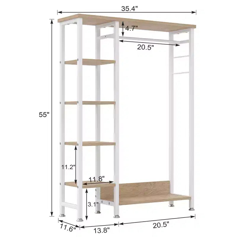 Appendiabiti aperto, guardaroba autoportante resistente con 5 ripiani e asta appendiabiti per piccoli spazi, rovere/bianco