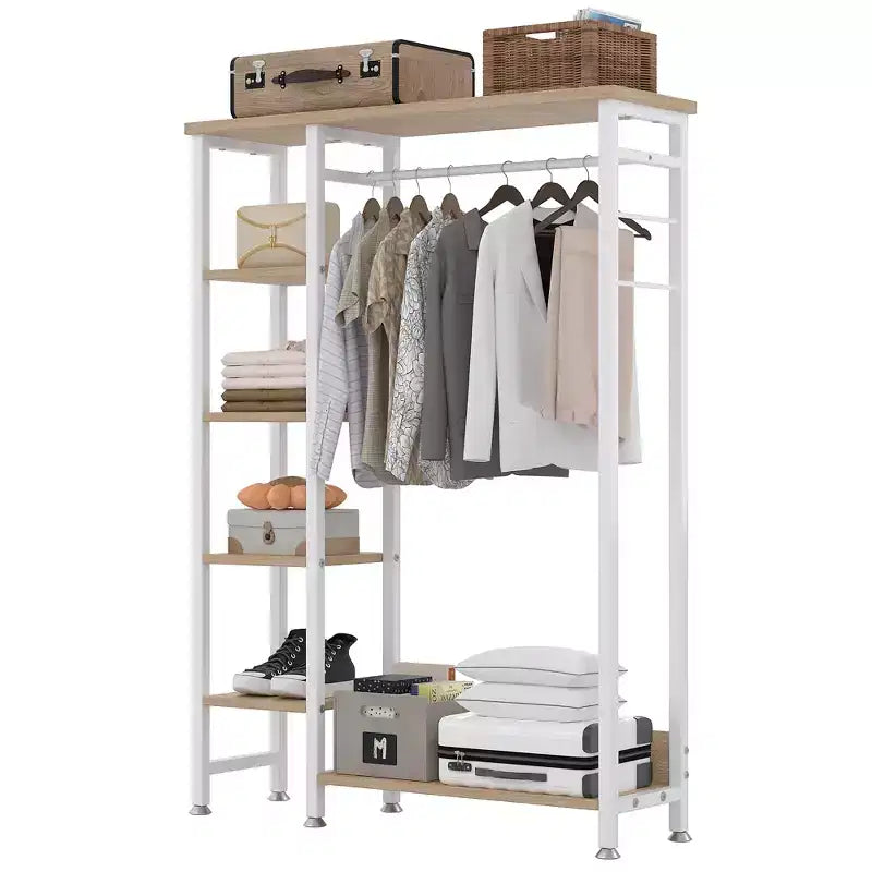 Appendiabiti aperto, guardaroba autoportante resistente con 5 ripiani e asta appendiabiti per piccoli spazi, rovere/bianco