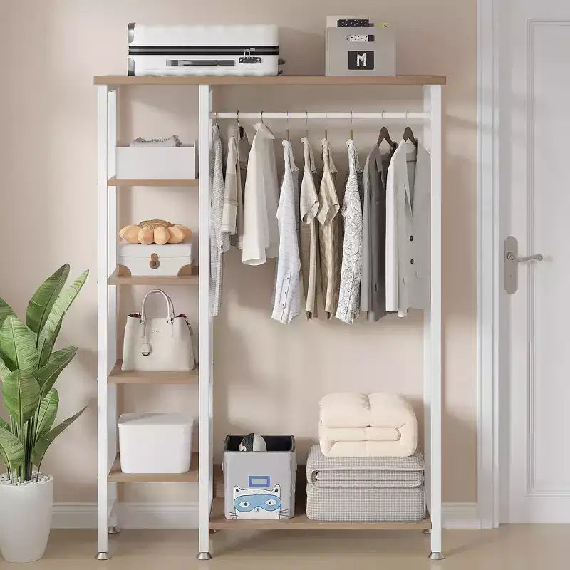Appendiabiti aperto, guardaroba autoportante resistente con 5 ripiani e asta appendiabiti per piccoli spazi, rovere/bianco