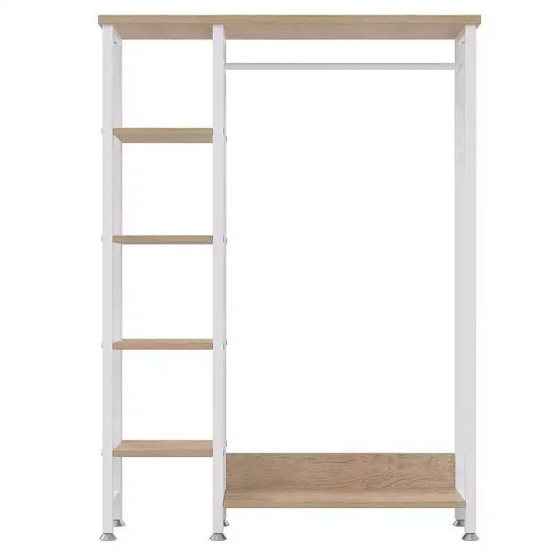 Appendiabiti aperto, guardaroba autoportante resistente con 5 ripiani e asta appendiabiti per piccoli spazi, rovere/bianco