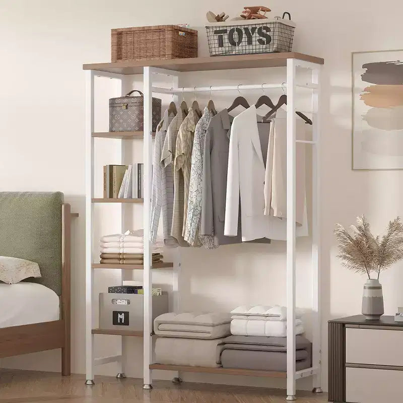 Appendiabiti aperto, guardaroba autoportante resistente con 5 ripiani e asta appendiabiti per piccoli spazi, rovere/bianco