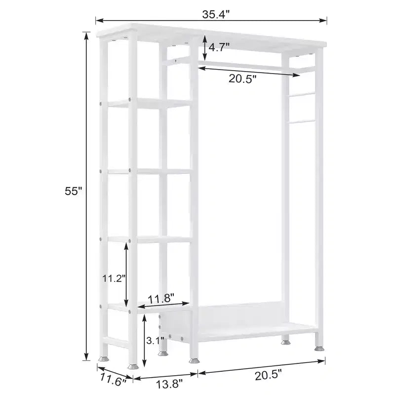 Appendiabiti aperto, guardaroba autoportante resistente con 5 ripiani e asta appendiabiti per piccoli spazi, rovere/bianco