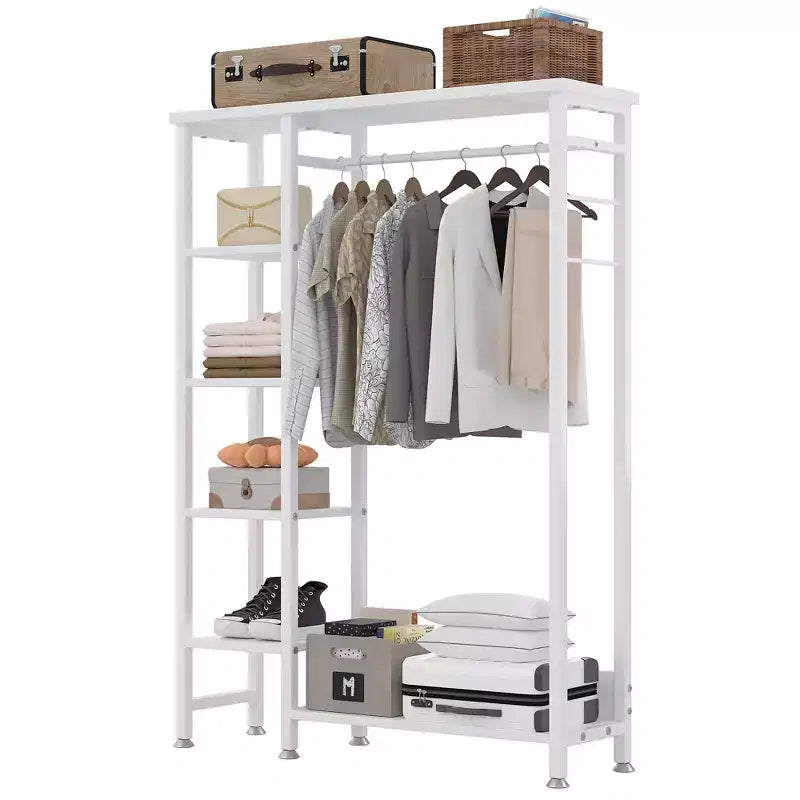 Appendiabiti aperto, guardaroba autoportante resistente con 5 ripiani e asta appendiabiti per piccoli spazi, rovere/bianco