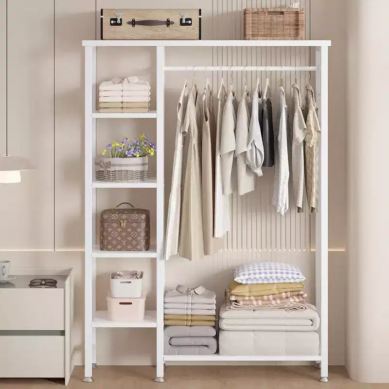 Appendiabiti aperto, guardaroba autoportante resistente con 5 ripiani e asta appendiabiti per piccoli spazi, rovere/bianco