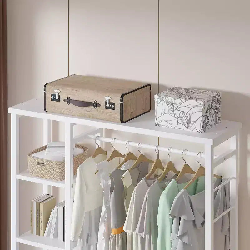 Appendiabiti aperto, guardaroba autoportante resistente con 5 ripiani e asta appendiabiti per piccoli spazi, rovere/bianco