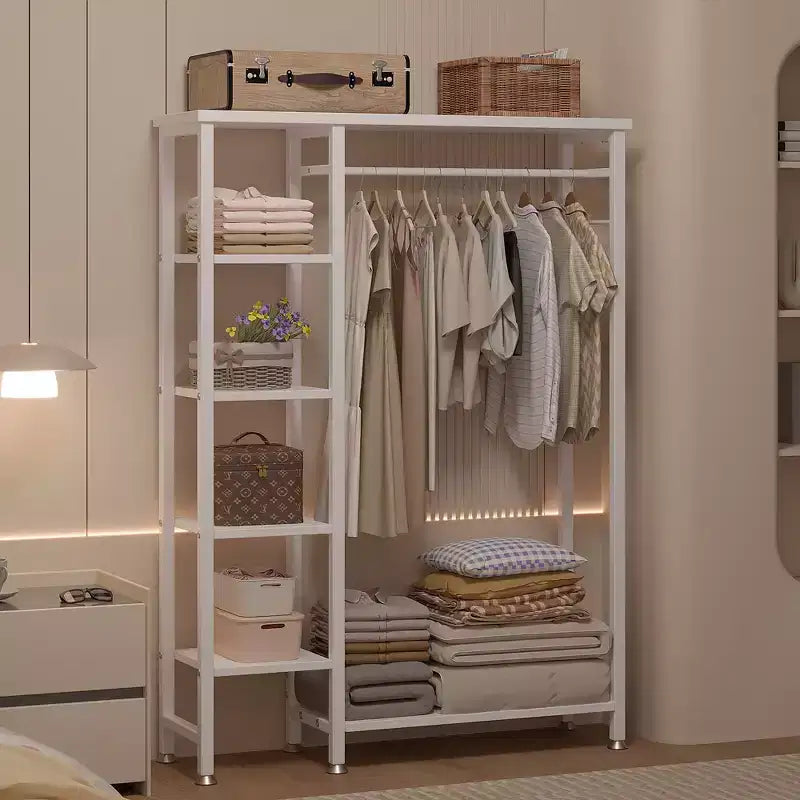 Appendiabiti aperto, guardaroba autoportante resistente con 5 ripiani e asta appendiabiti per piccoli spazi, rovere/bianco