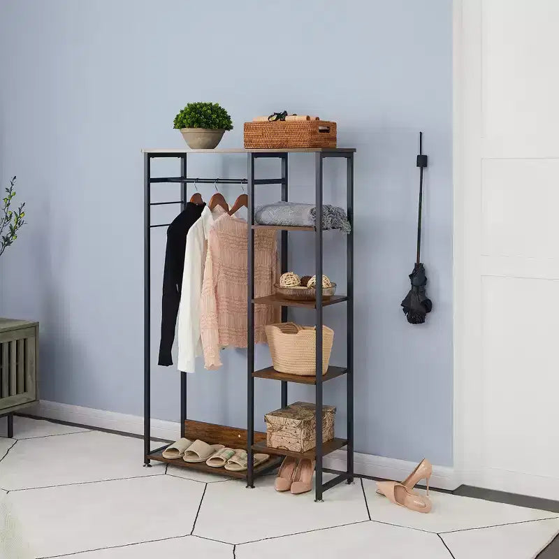 Appendiabiti aperto, guardaroba autoportante resistente con 5 ripiani e asta appendiabiti per piccoli spazi, rovere/bianco