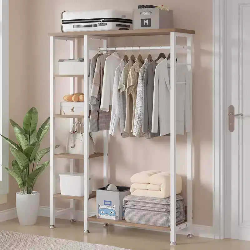Appendiabiti aperto, guardaroba autoportante resistente con 5 ripiani e asta appendiabiti per piccoli spazi, rovere/bianco