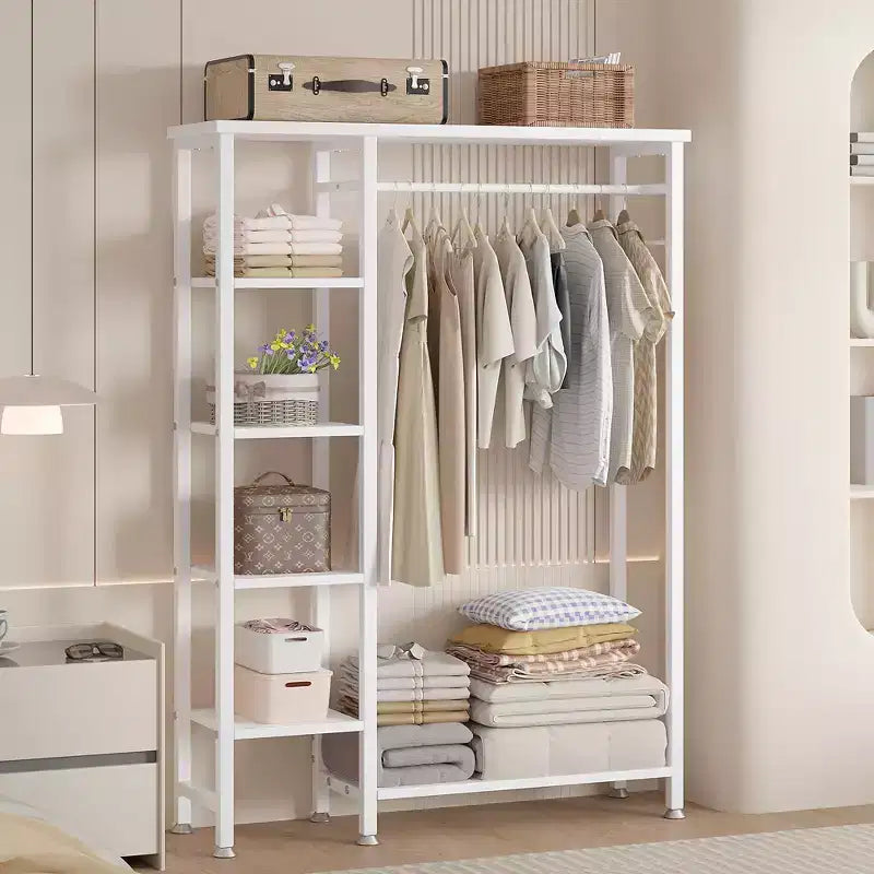 Appendiabiti aperto, guardaroba autoportante resistente con 5 ripiani e asta appendiabiti per piccoli spazi, rovere/bianco