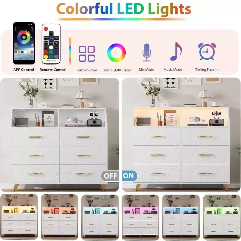 Cassettiera moderna a 6 cassetti con luci a LED per armadio, porta TV, soggiorno, ingresso