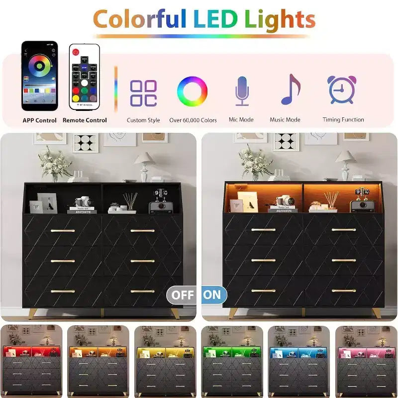 Cassettiera moderna a 6 cassetti con luci a LED per armadio, porta TV, soggiorno, ingresso