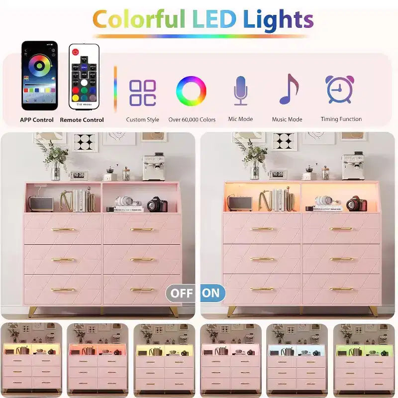 Cassettiera moderna a 6 cassetti con luci a LED per armadio, porta TV, soggiorno, ingresso
