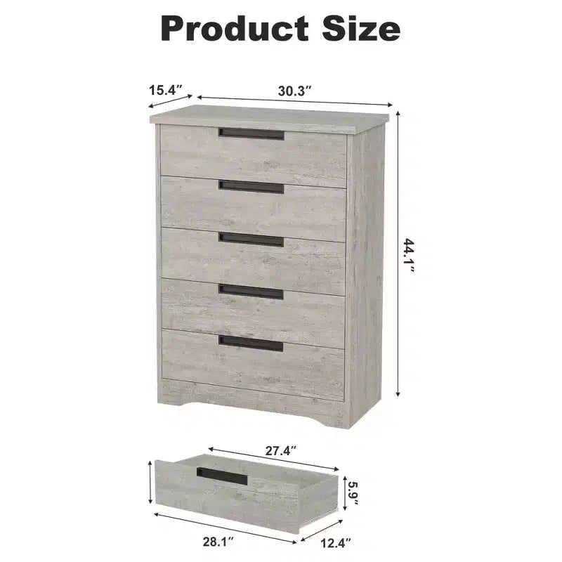 Cassettiera a 5 cassetti per camera da letto, Comò grigio con maniglie incorporate, Organizzatore cassettiera in legno per soggiorno, cameretta, corridoio e ingresso