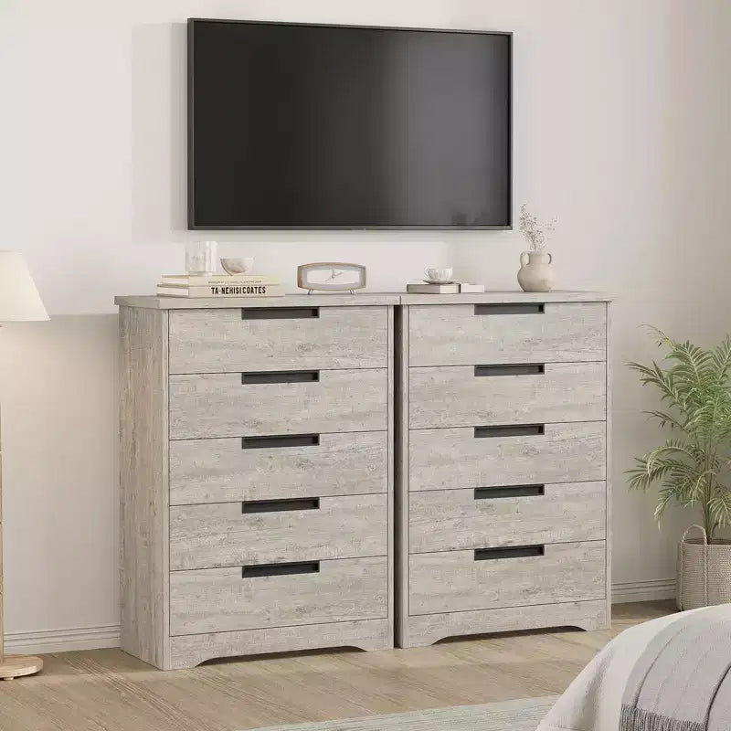 Cassettiera a 5 cassetti per camera da letto, Comò grigio con maniglie incorporate, Organizzatore cassettiera in legno per soggiorno, cameretta, corridoio e ingresso