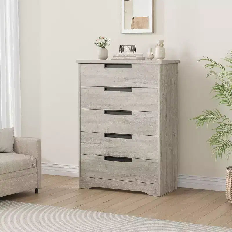 Cassettiera a 5 cassetti per camera da letto, Comò grigio con maniglie incorporate, Organizzatore cassettiera in legno per soggiorno, cameretta, corridoio e ingresso