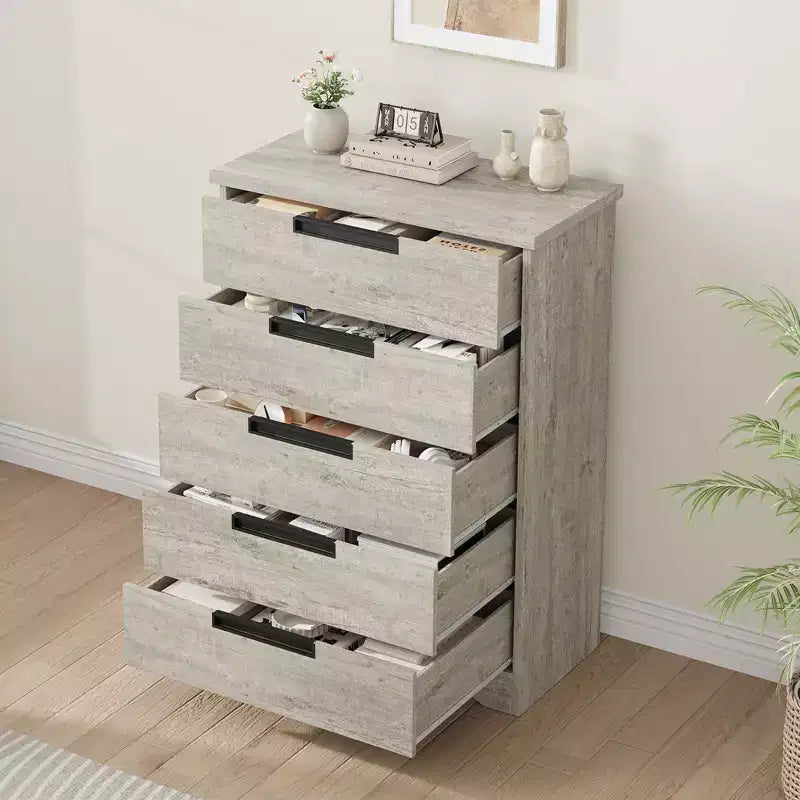 Cassettiera a 5 cassetti per camera da letto, Comò grigio con maniglie incorporate, Organizzatore cassettiera in legno per soggiorno, cameretta, corridoio e ingresso
