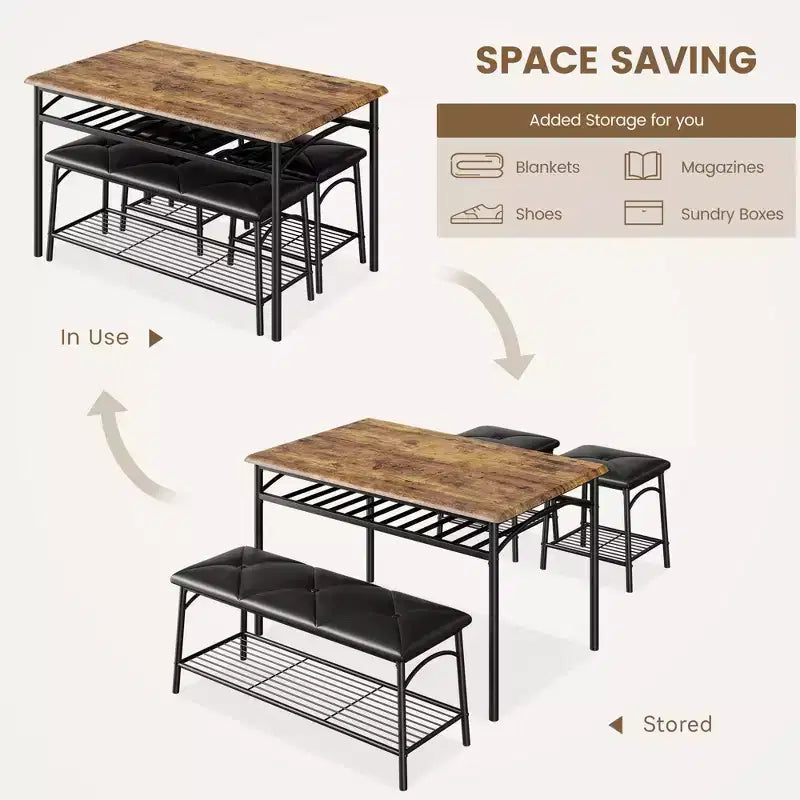 Set da Pranzo per 4 con Piano in MDF e Struttura in Metallo, Tavolo da Cucina con Panca Imbottita e Sgabelli Quadrati, Set da Pranzo Compatto con Contenitore.