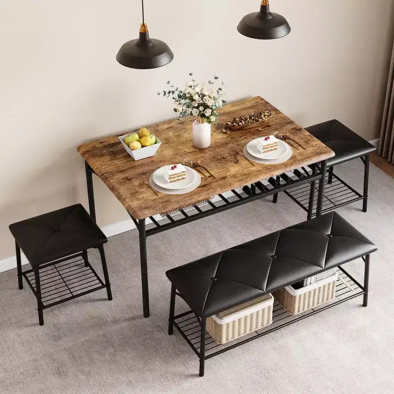 Set da Pranzo per 4 con Piano in MDF e Struttura in Metallo, Tavolo da Cucina con Panca Imbottita e Sgabelli Quadrati, Set da Pranzo Compatto con Contenitore.