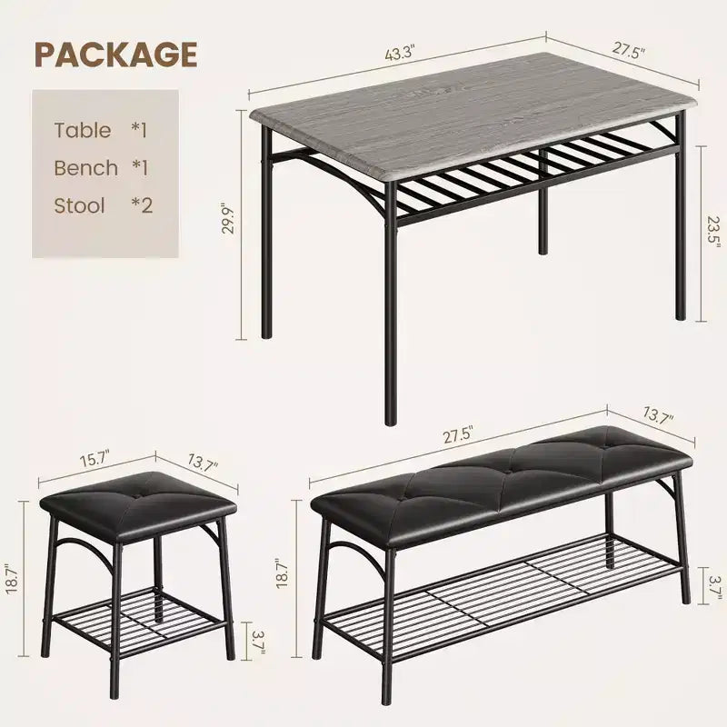 Set da Pranzo per 4 con Piano in MDF e Struttura in Metallo, Tavolo da Cucina con Panca Imbottita e Sgabelli Quadrati, Set da Pranzo Compatto con Contenitore.