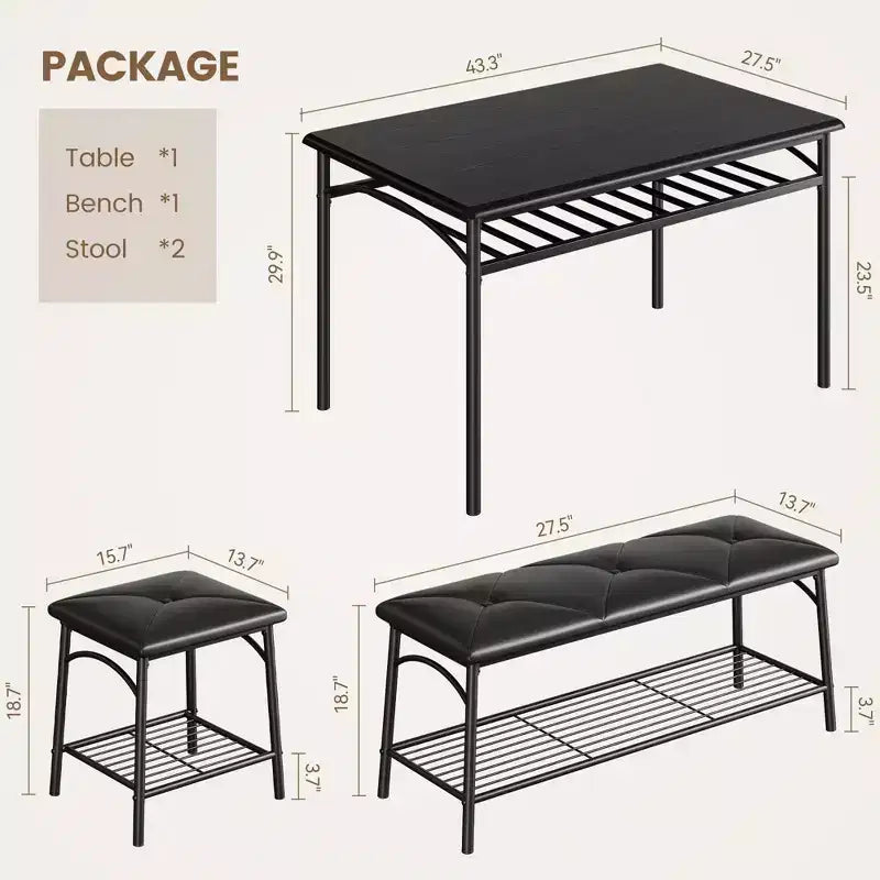 Set da Pranzo per 4 con Piano in MDF e Struttura in Metallo, Tavolo da Cucina con Panca Imbottita e Sgabelli Quadrati, Set da Pranzo Compatto con Contenitore.