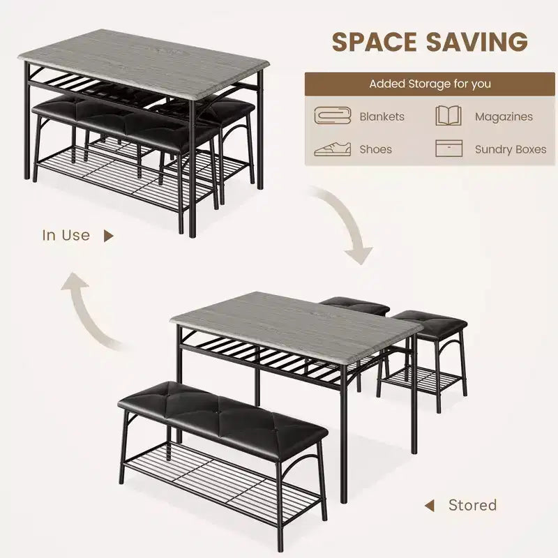 Set da Pranzo per 4 con Piano in MDF e Struttura in Metallo, Tavolo da Cucina con Panca Imbottita e Sgabelli Quadrati, Set da Pranzo Compatto con Contenitore.
