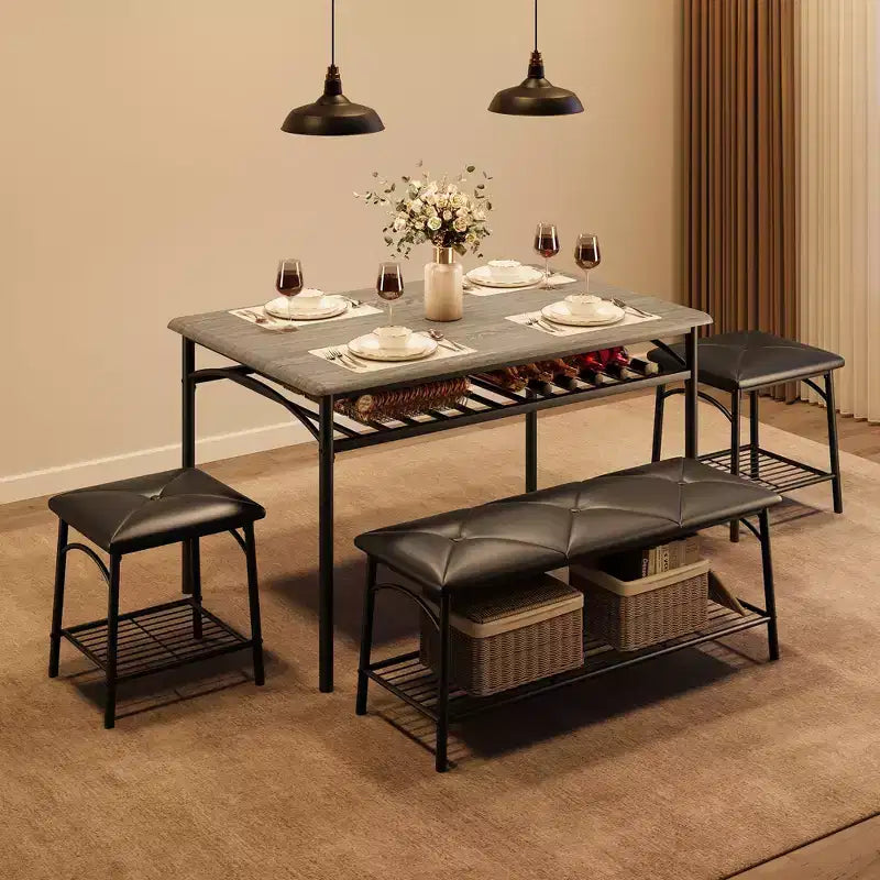 Set da Pranzo per 4 con Piano in MDF e Struttura in Metallo, Tavolo da Cucina con Panca Imbottita e Sgabelli Quadrati, Set da Pranzo Compatto con Contenitore.