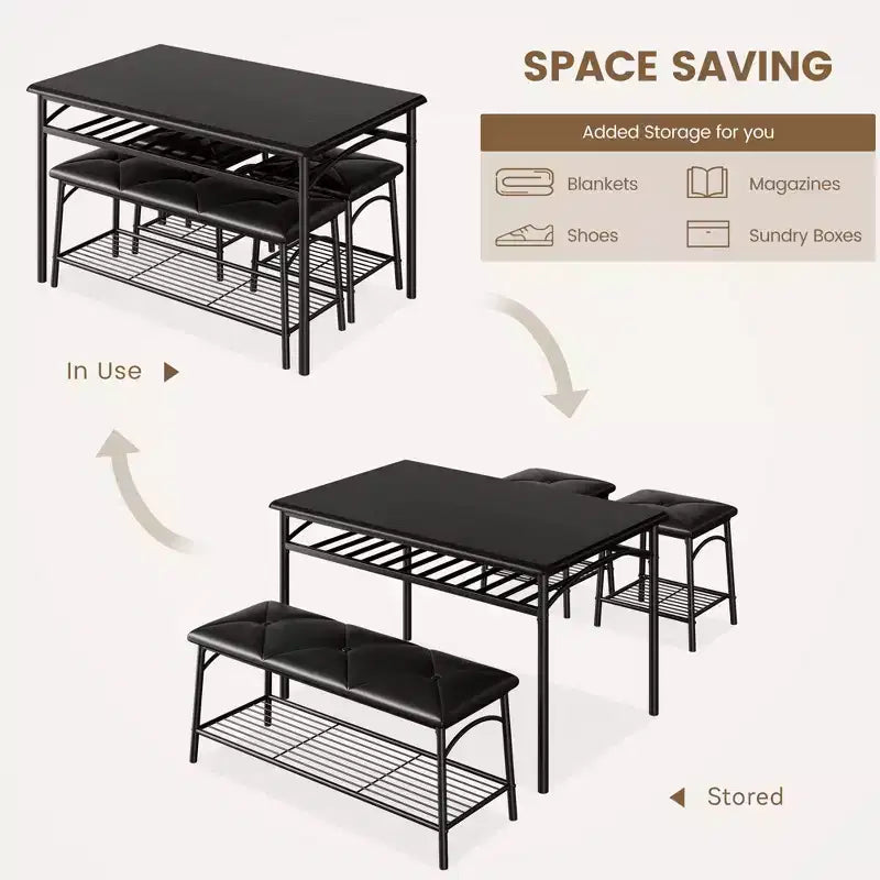 Set da Pranzo per 4 con Piano in MDF e Struttura in Metallo, Tavolo da Cucina con Panca Imbottita e Sgabelli Quadrati, Set da Pranzo Compatto con Contenitore.