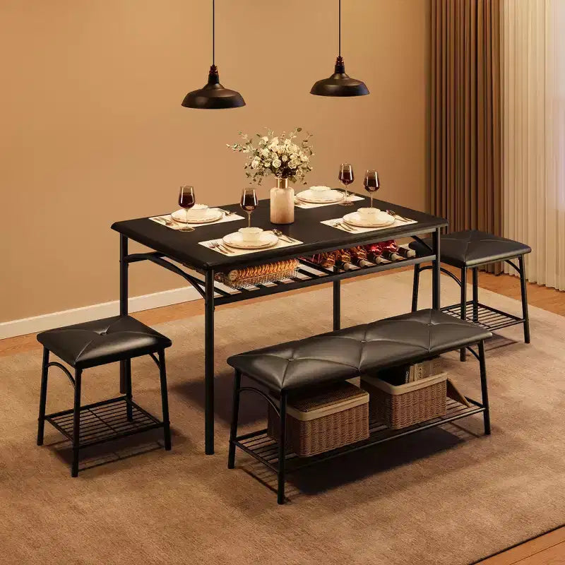 Set da Pranzo per 4 con Piano in MDF e Struttura in Metallo, Tavolo da Cucina con Panca Imbottita e Sgabelli Quadrati, Set da Pranzo Compatto con Contenitore.