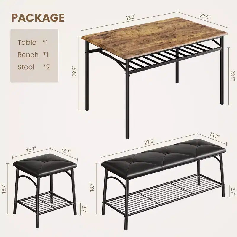 Set da Pranzo per 4 con Piano in MDF e Struttura in Metallo, Tavolo da Cucina con Panca Imbottita e Sgabelli Quadrati, Set da Pranzo Compatto con Contenitore.