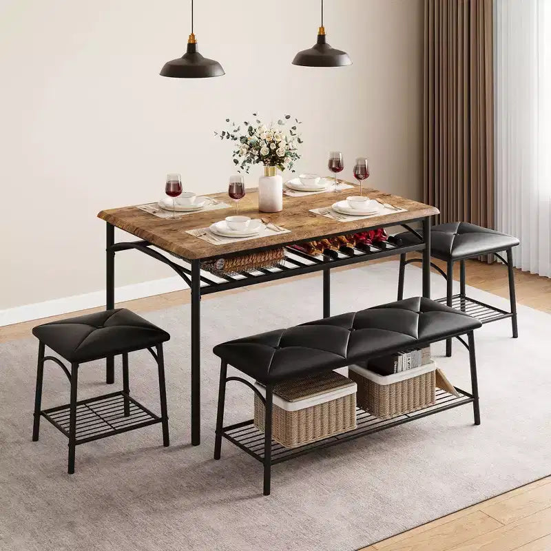 Set da Pranzo per 4 con Piano in MDF e Struttura in Metallo, Tavolo da Cucina con Panca Imbottita e Sgabelli Quadrati, Set da Pranzo Compatto con Contenitore.