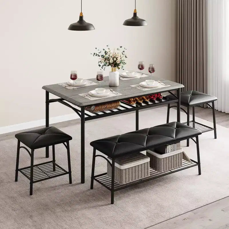 Set da Pranzo per 4 con Piano in MDF e Struttura in Metallo, Tavolo da Cucina con Panca Imbottita e Sgabelli Quadrati, Set da Pranzo Compatto con Contenitore.