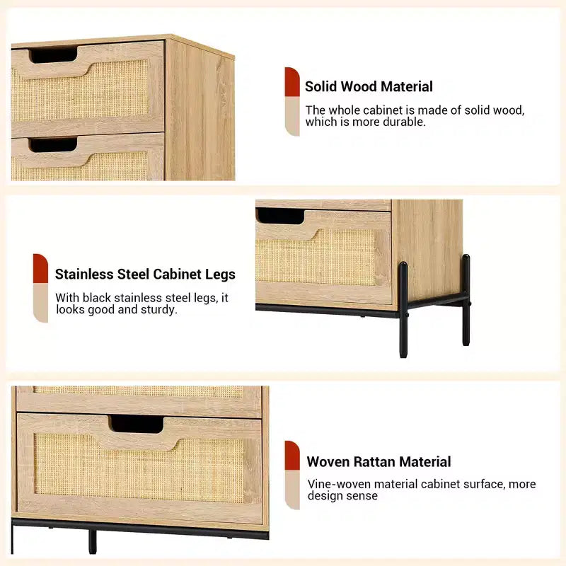 Cassettiera in rattan naturale, Comò in legno, Armadietto contenitore stile rustico, Cassettiera da camera da letto