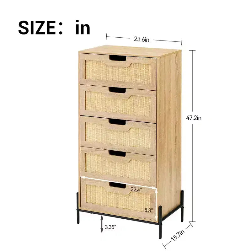 Cassettiera in rattan naturale, Comò in legno, Armadietto contenitore stile rustico, Cassettiera da camera da letto