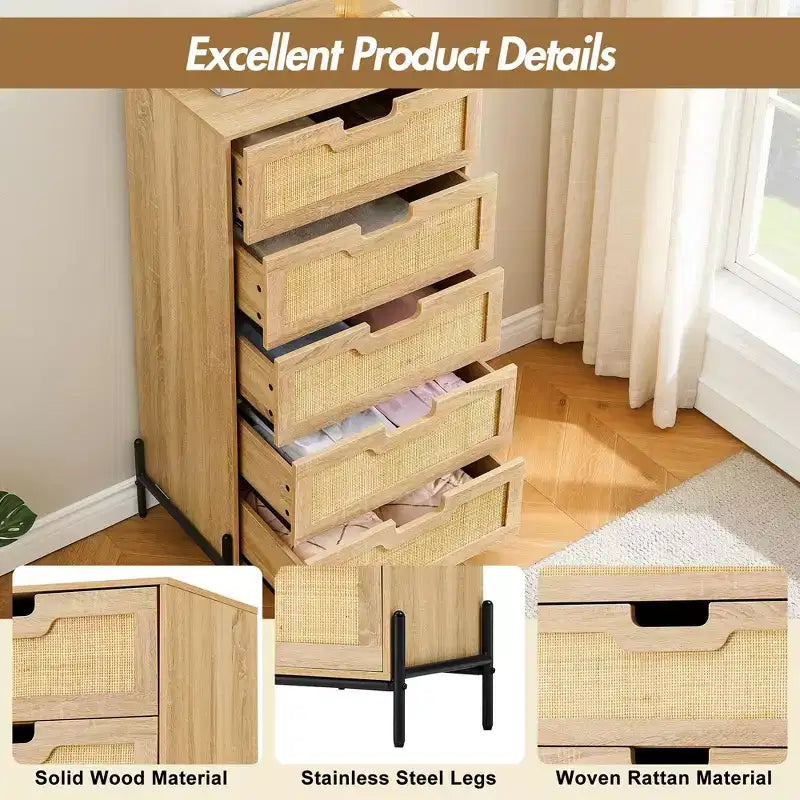 Cassettiera in rattan naturale, Comò in legno, Armadietto contenitore stile rustico, Cassettiera da camera da letto