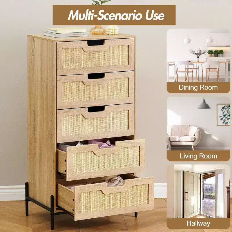 Cassettiera in rattan naturale, Comò in legno, Armadietto contenitore stile rustico, Cassettiera da camera da letto