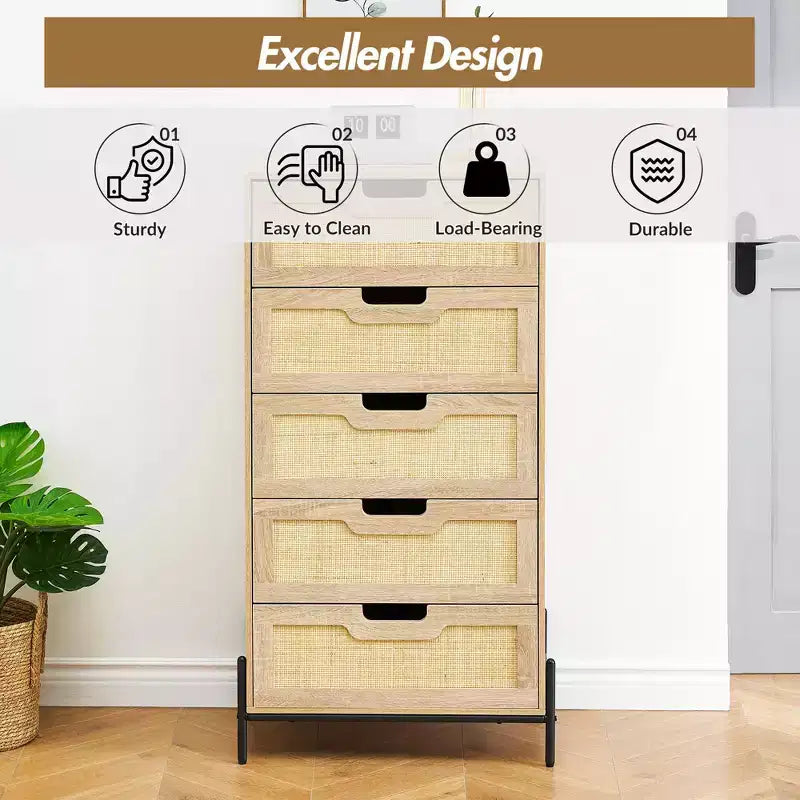 Cassettiera in rattan naturale, Comò in legno, Armadietto contenitore stile rustico, Cassettiera da camera da letto