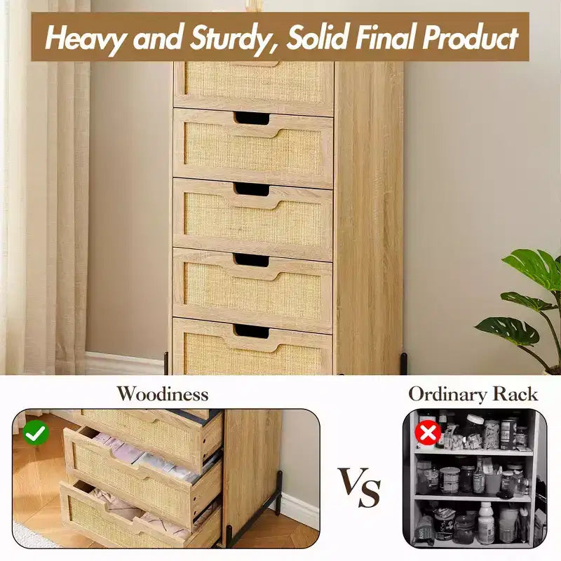 Cassettiera in rattan naturale, Comò in legno, Armadietto contenitore stile rustico, Cassettiera da camera da letto