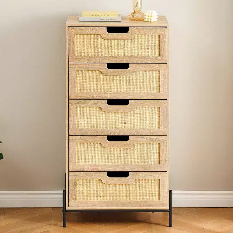 Cassettiera in rattan naturale, Comò in legno, Armadietto contenitore stile rustico, Cassettiera da camera da letto