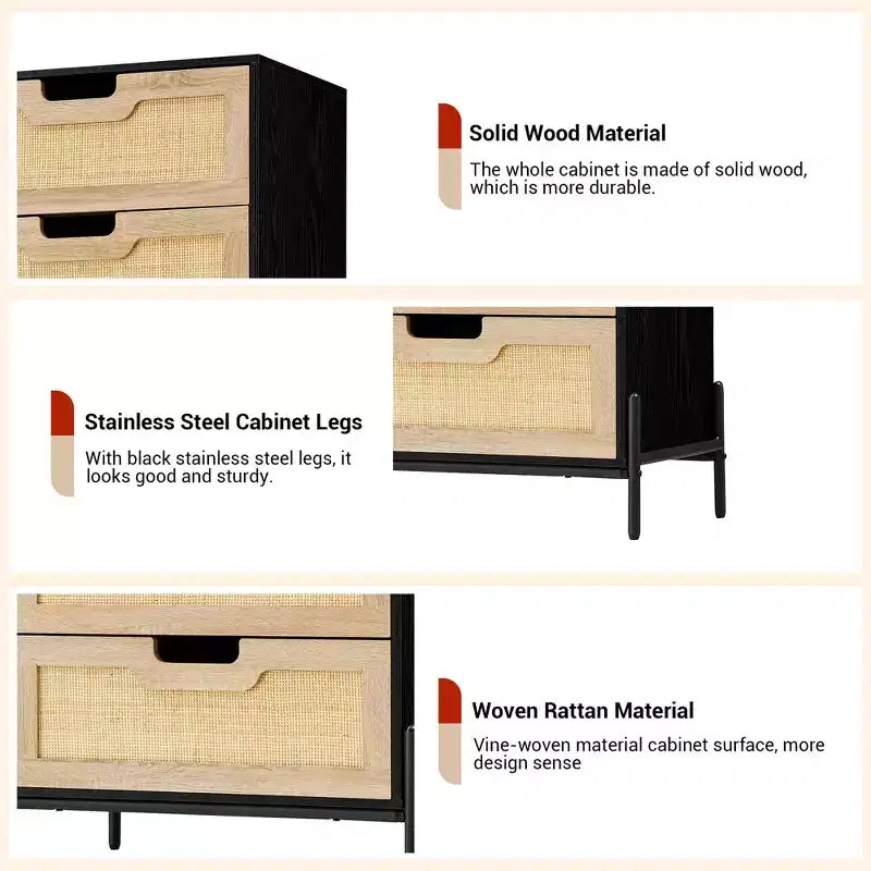 Cassettiera in rattan naturale, Comò in legno, Armadietto contenitore stile rustico, Cassettiera da camera da letto