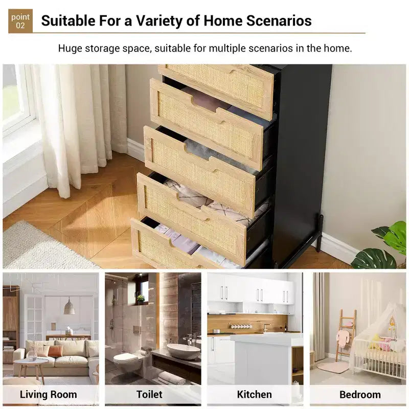 Cassettiera in rattan naturale, Comò in legno, Armadietto contenitore stile rustico, Cassettiera da camera da letto