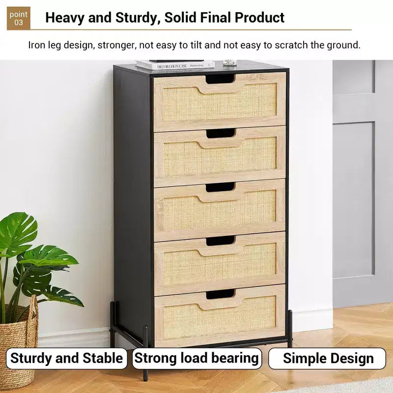 Cassettiera in rattan naturale, Comò in legno, Armadietto contenitore stile rustico, Cassettiera da camera da letto