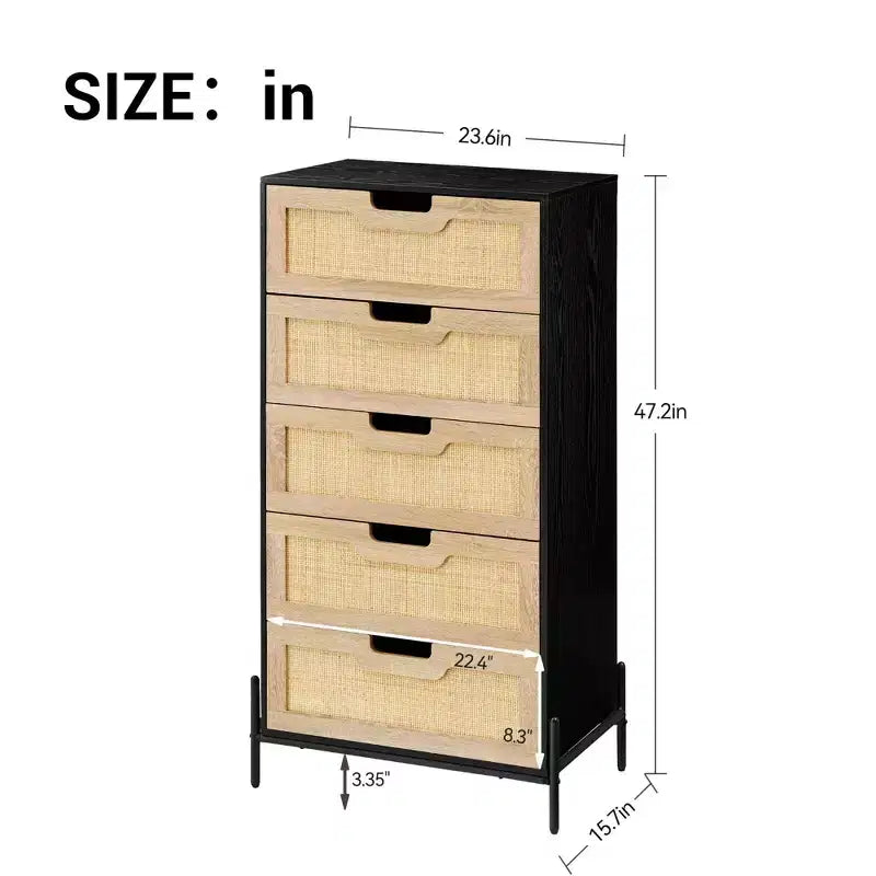 Cassettiera in rattan naturale, Comò in legno, Armadietto contenitore stile rustico, Cassettiera da camera da letto