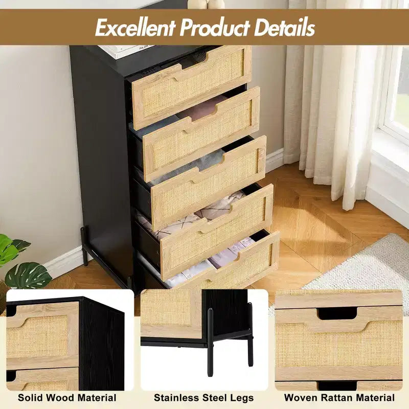 Cassettiera in rattan naturale, Comò in legno, Armadietto contenitore stile rustico, Cassettiera da camera da letto