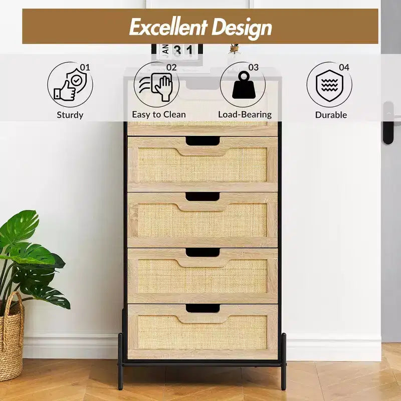 Cassettiera in rattan naturale, Comò in legno, Armadietto contenitore stile rustico, Cassettiera da camera da letto