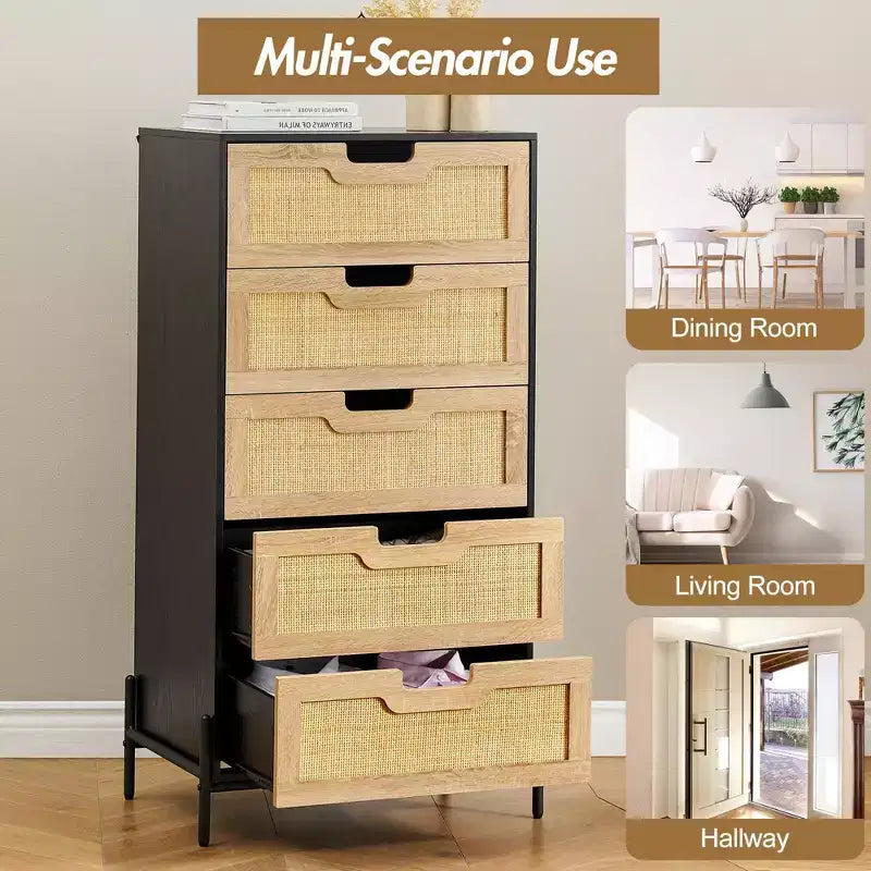 Cassettiera in rattan naturale, Comò in legno, Armadietto contenitore stile rustico, Cassettiera da camera da letto
