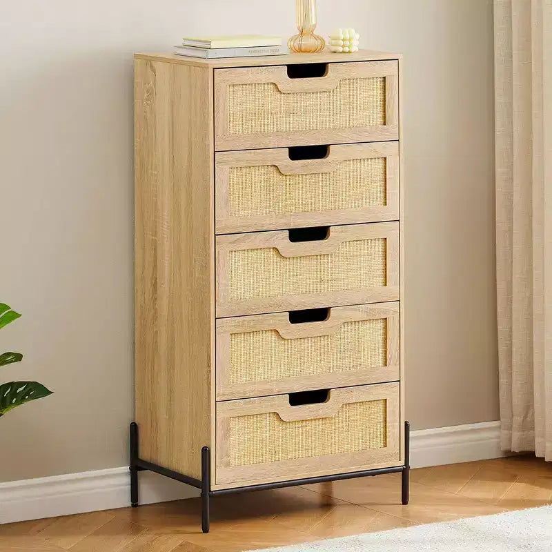 Cassettiera in rattan naturale, Comò in legno, Armadietto contenitore stile rustico, Cassettiera da camera da letto