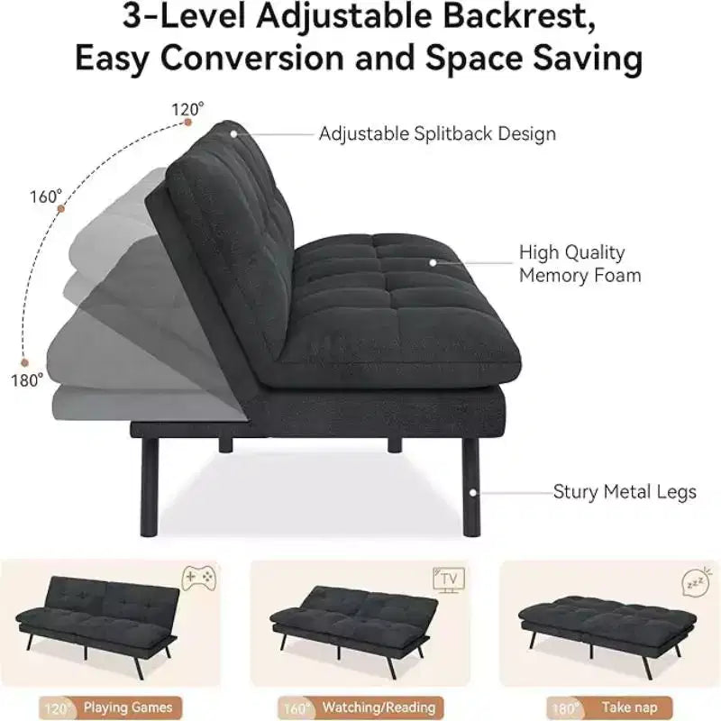 Divano futon da 68" con schienale regolabile e design pieghevole, divano letto convertibile per piccoli spazi, soggiorno, appartamento, ufficio