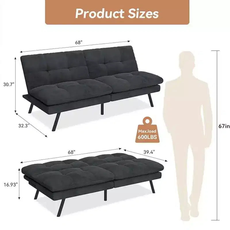 Divano futon da 68" con schienale regolabile e design pieghevole, divano letto convertibile per piccoli spazi, soggiorno, appartamento, ufficio