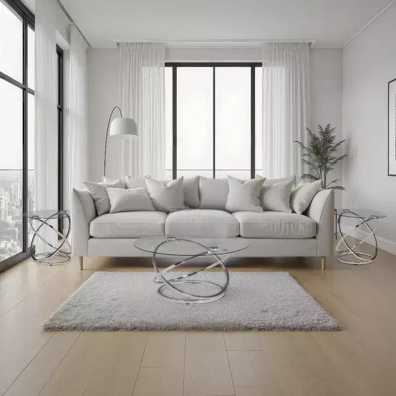 Royal Hampton 3-Piece Coffee and Side End Table Set | Round Glass Tops with Swirl Chrome Steel Bases