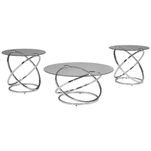 Tavolino da Caffè e Tavolini d'Appoggio (Set da 3 Pezzi) | Piani Rotondi in Vetro con Basi a Spirale in Acciaio Cromato